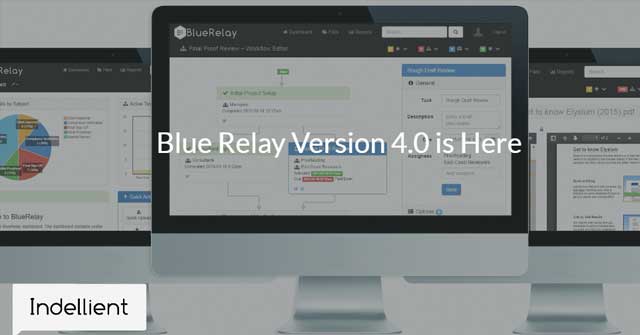 Photo of three computer monitors, the center one is showing a workflow chart, with the one on the left showing a pie chart and the one on the right showing documents