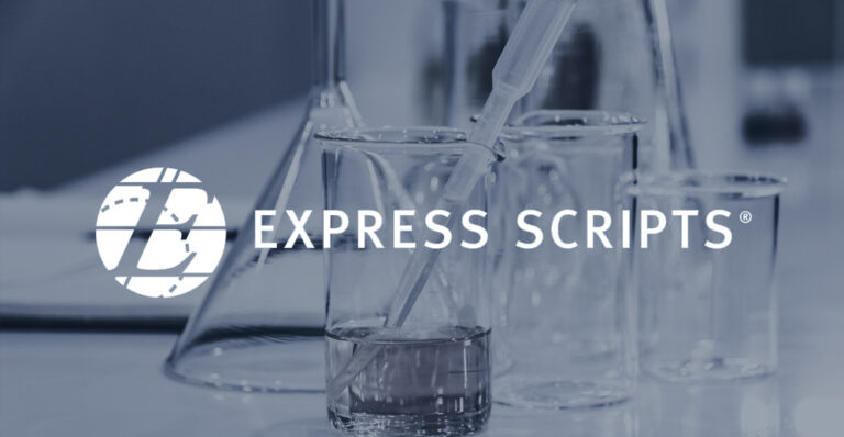 Stock image of various sized beakers on a laboratory counter, with the front-most beaker being a quarter filled with a liquid and a long pipette taking in liquid, and the Express Scripts logo overtop the image
