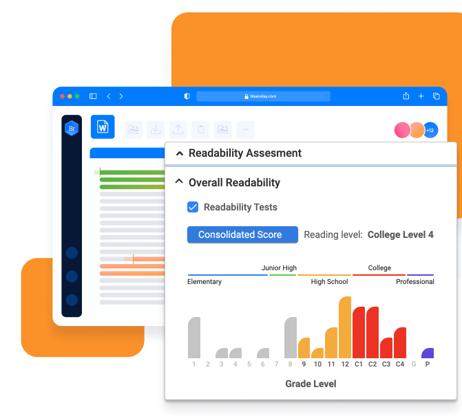 Blue Relay automatically processes documents using the top readability formulas, and provides real-world results by mapping the complex formula scores to North American grade reading levels.
